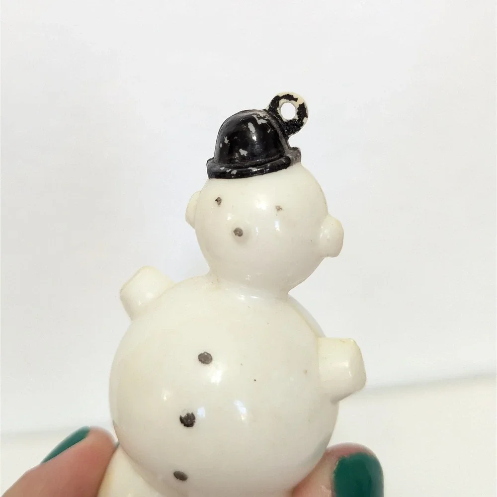 Vintage Allied Hard Plastic Snowman Christmas Ornament Set Of 2 White 1950's